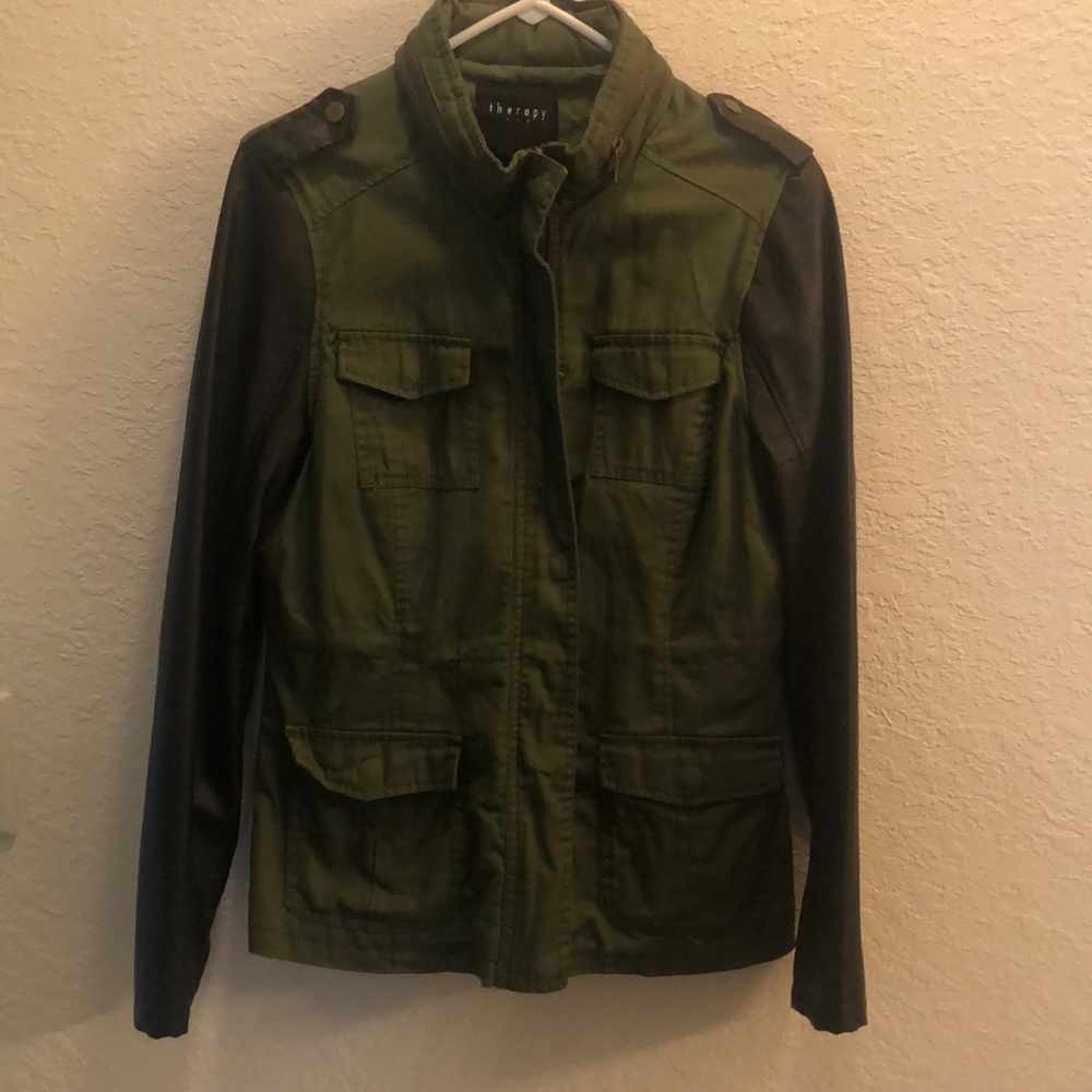 Faux leather sleeve arm green color jacket
